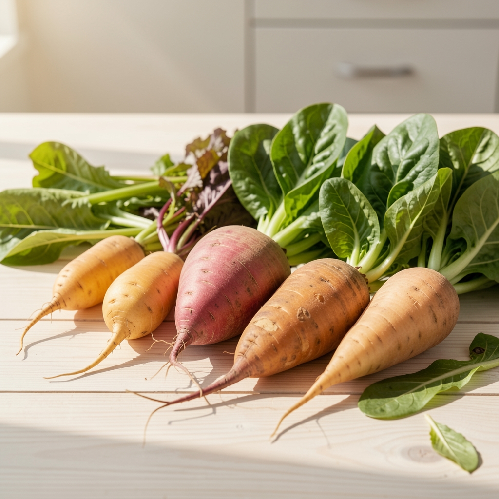 Seasonal root vegetables and leafy greens arranged on a pale wooden surface in natural morning light